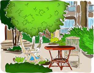 Café dans le jardin. Version entièrement colorée.