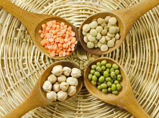 Lentils, mungo beans and chickpeas