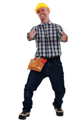 Laborer gesturing on white background