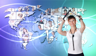 Young woman against world map background