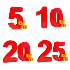 Set of Percent Discount (5%, 10%, 20%, 25%) on white background