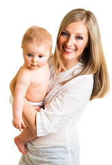 Mother holding cute infant girl isolated on white