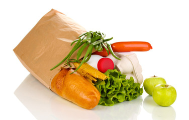 Paper bag with food isolated on white