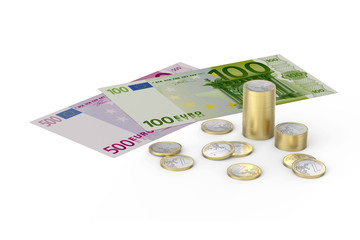 Euros and one Eur coins on white background
