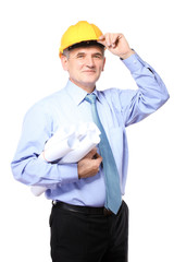 man architect with helmet and drafts i