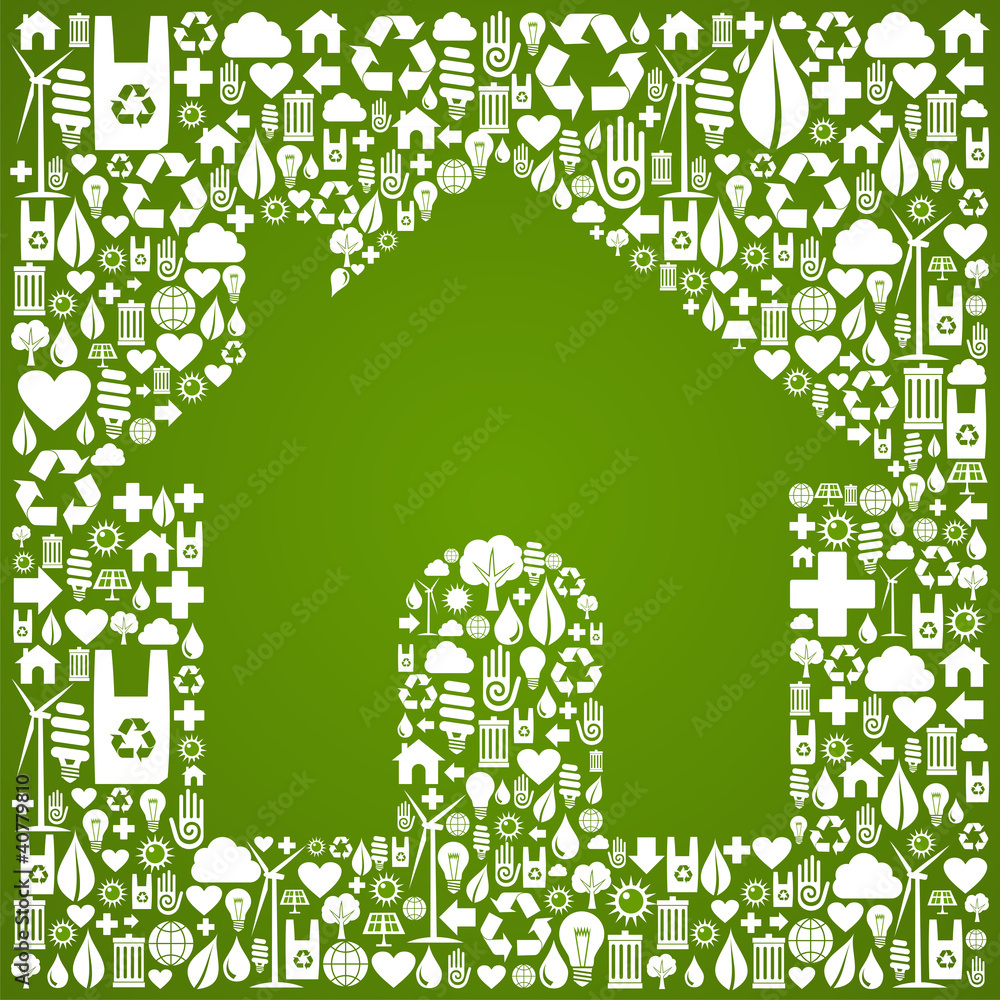 Wall mural green house over eco icons background