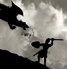 Photo sur Aluminium Chevaliers Chevalier médiéval combattant le dragon