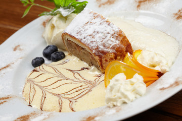 apple strudel with vanilla ice cream