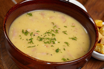 Chicken creamy soup with croutons