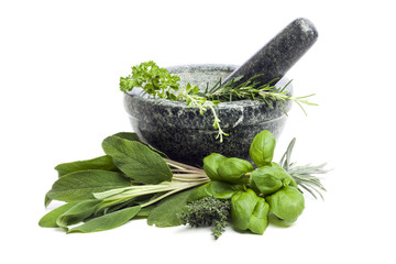mortar with fresh herbs
