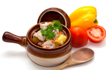chicken in pot and vegetables isolated on white