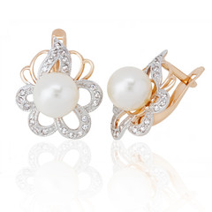 Jewelry earrings with pearl and diamonds on white background
