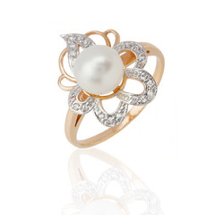 Jewelry ring with pearl and diamonds on white background