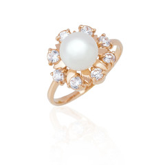 Jewelry ring with pearl and diamonds on white background