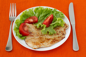 fried turkey with salad on the white plate