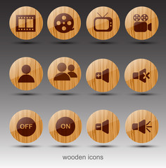 Round wooden icons. Cinema theme.