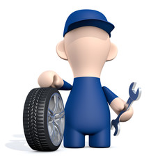 Freundlicher Mechaniker mit Autoreifen - Reifenwechsel