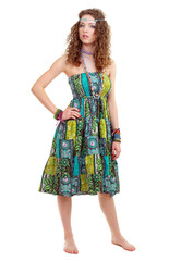 beautiful young hippie woman in green dress