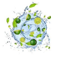 Fototapeta na wymiar Sztuk Limes w plusk wody, samodzielnie na białym tle