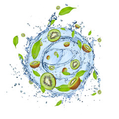 Kiwi pieces in water splash, isolated on white background