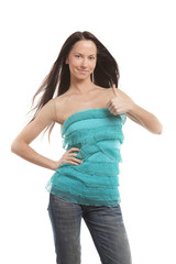 Obraz premium young woman in turquoise on a white background