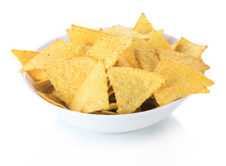 tasty potato chips in bowl isolated on white