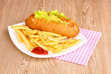 Appetizing hot dog with fried potatoes on plate on wooden table