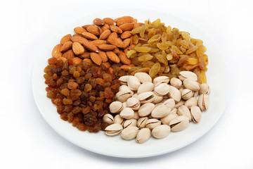 Nut-raisin mix. Almond and pistachio nuts and raisins.