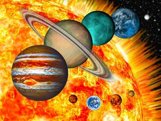 Poster Zonnestelsel: de relatieve grootte van de planeten en de zon. © tmass