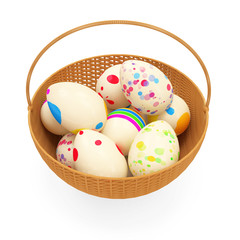 Painted Easter Eggs in a basket isolated on white background
