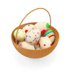Painted Easter Eggs in a basket isolated on white background