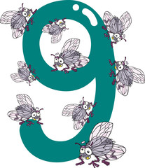 number nine and 9 flies