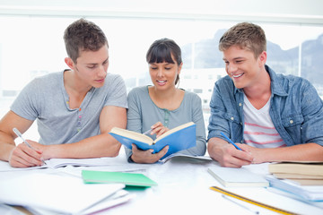 Fototapeta premium Two students getting help from a female student