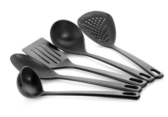 black kitchen utensils isolated on white