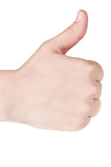 Closeup of a woman holding her thumb up