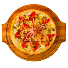 pizza appetizing octopus seafood on a wooden tray isolated on wh
