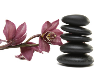 Fototapeta na wymiar stack stones in balance with beauty orchid isolated