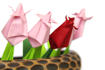 Origami tulips in braun pot, detail