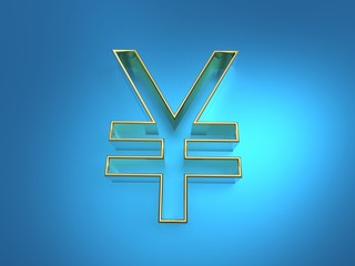 golden yen symbol extrude on blue background