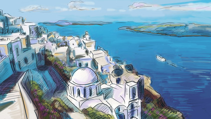 illustration the greek town - obrazy, fototapety, plakaty