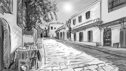 Cercles muraux Café de rue dessiné illustration la ville grecque