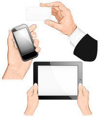 Set of hands holding business card, pc tablet,  mobilephone.