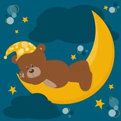 Papier Peint photo Lavable Ours Carte avec ours en peluche endormi sur la lune