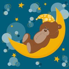 Fototapeta na wymiar Card with sleeping teddy bear on moon
