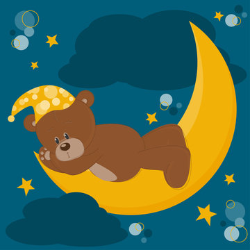 Card with sleeping teddy bear on moon