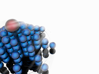 Pyramid of blue balls with red on the top on a white background