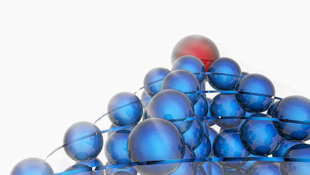 Pyramid of blue balls with red on the top on a white background