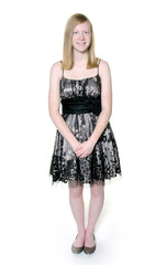 Cute blond teen girl on white background