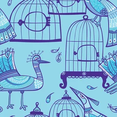Papier Peint photo Oiseaux en cages Modèle sans couture d& 39 oiseaux et de cages