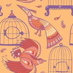 Papier Peint photo Oiseaux en cages Modèle sans couture d& 39 oiseaux et de cages